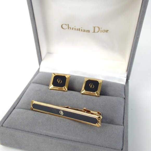 Authentic Christian Dior Neku Tie pin cufflinks set cuffs metal [Used] - Picture 1 of 7
